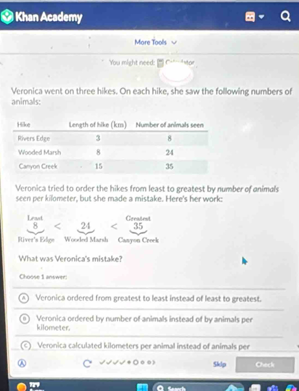 a Khan Academy
More Tools
You might need: for
Veronica went on three hikes. On each hike, she saw the following numbers of
animals:
Veronica tried to order the hikes from least to greatest by number of animals
seen per kilometer, but she made a mistake. Here's her work:
Least Greatest
8 < 24</tex> 35
River's Edge Wooded Marsh Canyon Creek
What was Veronica's mistake?
Choose 1 answer:
Veronica ordered from greatest to least instead of least to greatest.
Veronica ordered by number of animals instead of by animals per
kilometer.
Veronica calculated kilometers per animal instead of animals per
Skip Check