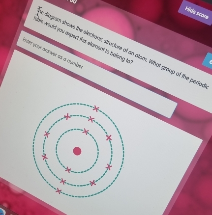 Hide score 
able would you expect this element to belong to 
e diagram shows the electronic structure of an atom. What group of the perio 
Inter your answer as a numbe