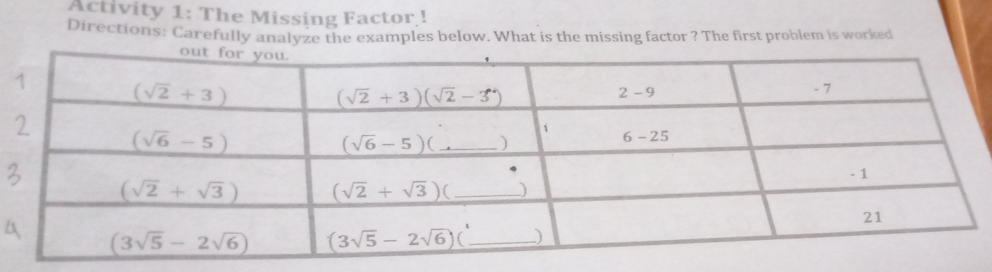 Activity 1: The Missing Factor!
Directions: Carefully analyze the examples below. What is the missing factor ? The first problem is worked