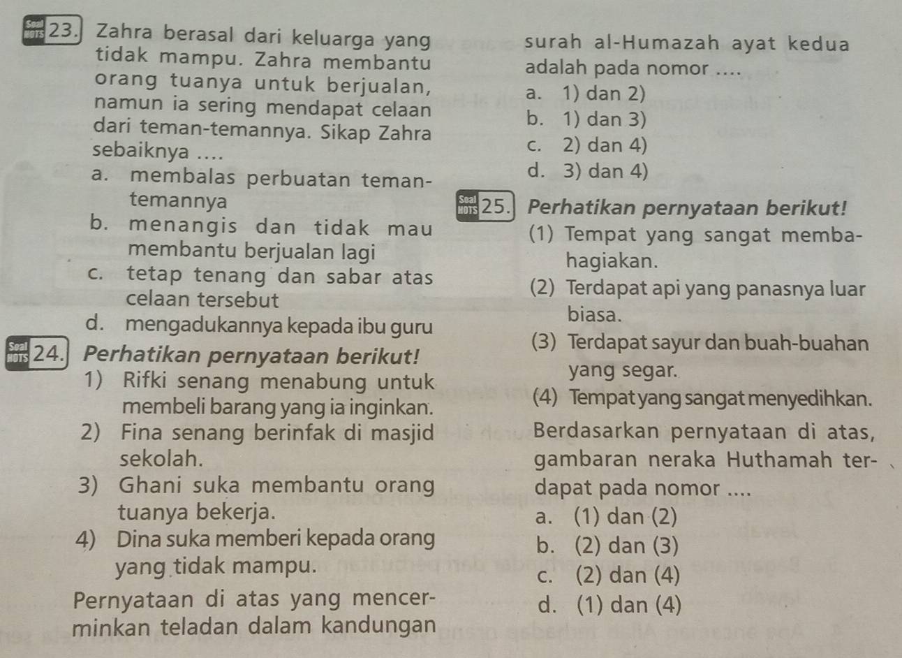 Zahra berasal dari keluarga yang surah al-Humazah ayat kedua
tidak mampu. Zahra membantu adalah pada nomor ....
orang tuanya untuk berjualan,
a. 1) dan 2)
namun ia sering mendapat celaan
b. 1) dan 3)
dari teman-temannya. Sikap Zahra
sebaiknya ...
c. 2) dan 4)
a. membalas perbuatan teman-
d. 3) dan 4)
temannya 25. Perhatikan pernyataan berikut!
b. menangis dan tidak mau (1) Tempat yang sangat memba-
membantu berjualan lagi
hagiakan.
c. tetap tenang dan sabar atas
celaan tersebut
(2) Terdapat api yang panasnya luar
d. mengadukannya kepada ibu guru
biasa.
(3) Terdapat sayur dan buah-buahan
OTS 24. Perhatikan pernyataan berikut!
1) Rifki senang menabung untuk
yang segar.
membeli barang yang ia inginkan.
(4) Tempat yang sangat menyedihkan.
2) Fina senang berinfak di masjid Berdasarkan pernyataan di atas,
sekolah. gambaran neraka Huthamah ter- .
3) Ghani suka membantu orang dapat pada nomor ....
tuanya bekerja. a. (1) dan (2)
4) Dina suka memberi kepada orang b. (2) dan (3)
yang tidak mampu.
c. (2) dan (4)
Pernyataan di atas yang mencer- d. (1) dan (4)
minkan teladan dalam kandungan