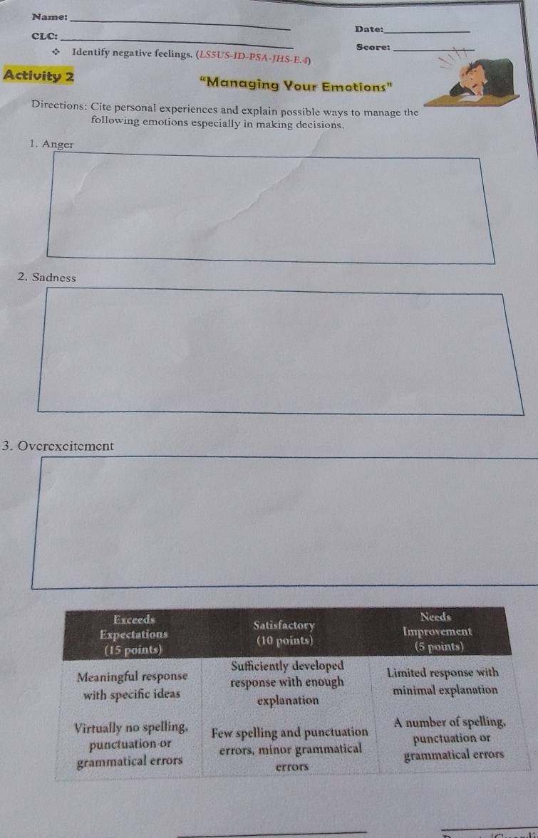 Name:_ 
_ 
CLC: Date:_ 
Score:_ 
* Identify negative feelings. (LS5US-ID-PSA-JHS-E.4) 
Activity 2 “Managing Your Emotions” 
Directions: Cite personal experiences and explain possible ways to manage the 
following emotions especially in making decisions. 
1. Anger 
2. Sadness 
3. Overexcitement