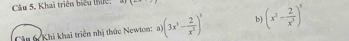 Khai triển biểu thức 
Câu 6 Khi khai triển nhị thức Newton: a) (3x^3- 2/x^2 )^5 b) (x^2- 2/x^3 )^5