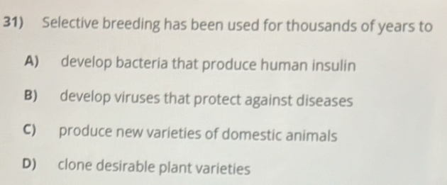 Selective breeding has been used for thousands of years to
A) develop bacteria that produce human insulin
B) develop viruses that protect against diseases
C) produce new varieties of domestic animals
D) clone desirable plant varieties