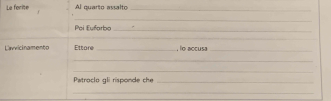 Le ferite Al quarto assalto_ 
_ 
Poi Euforbo 
_ 
__ 
L'avvicinamento Ettore _, lo accusa_ 
_ 
_ 
Patroclo gli risponde che_ 
_