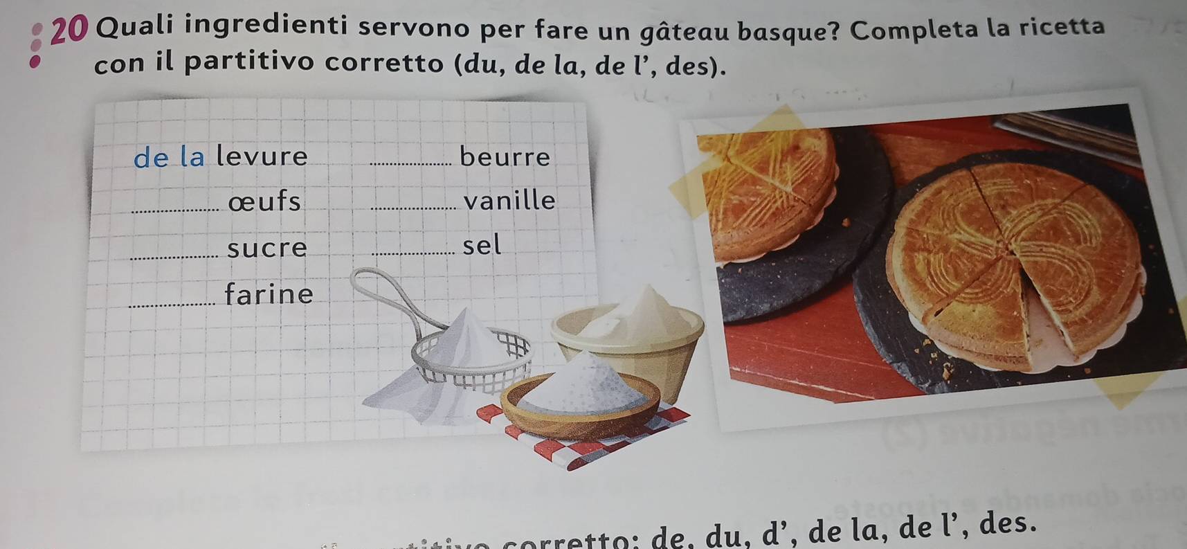 Quali ingredienti servono per fare un gâteau basque? Completa la ricetta 
con il partitivo corretto (du, de la, de l’, des). 
corretto; de, du, d’, de la, de l' , des.