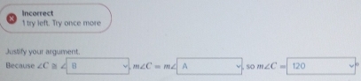 Incorrect 
1 try left. Try once more 
Justify your argument. 
Because ∠ C≌ B m∠ C=m∠ A v 、 SC m∠ C=|120