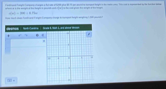 Ferdinand Freight Company charges a Ral rate of $200 plus $0.75 per pound to transpord freight in the mero area. This cost is represented by the funcion below 
where w is the weight of the freight in pounds and c(w) is the cost given the weight of the freight.
c(w)=200+0.75w
How much does Ferdinand Freight Company charge to transport freight weighing 1,500 pounds? 
desmos North Carolina Grade 8. Math 1, and above Version 
+ 。 
× 
@ A