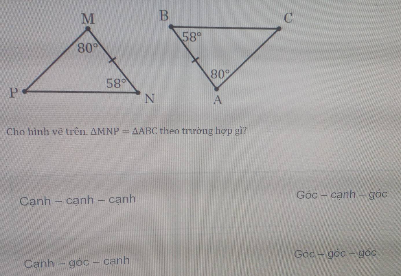 Cho hình vẽ trên. △ MNP=△ ABC theo trường hợp gì?
Canh-canh-canh
Goc-canh-goc
Goc-goc-goc
2 nh -goc-canh