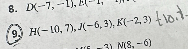 D(-7,-1), E(-1, 
9 H(-10,7), J(-6,3), K(-2,3)
(-3)N(8,-6)