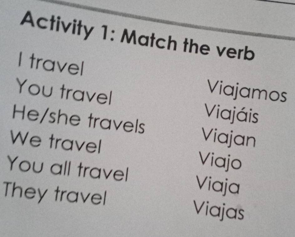 Activity 1: Match the verb 
I travel 
Viajamos 
You travel Viajáis 
He/she travels Viajan 
We travel Viajo 
You all travel Viaja 
They travel Viajas