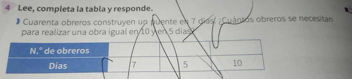 Lee, completa la tabla y responde. 
* Cuarenta obreros construyen un puente en 7 días. ¿Cuántos obreros se necesitan 
para realizar una obra igual en 10 y en 5 días