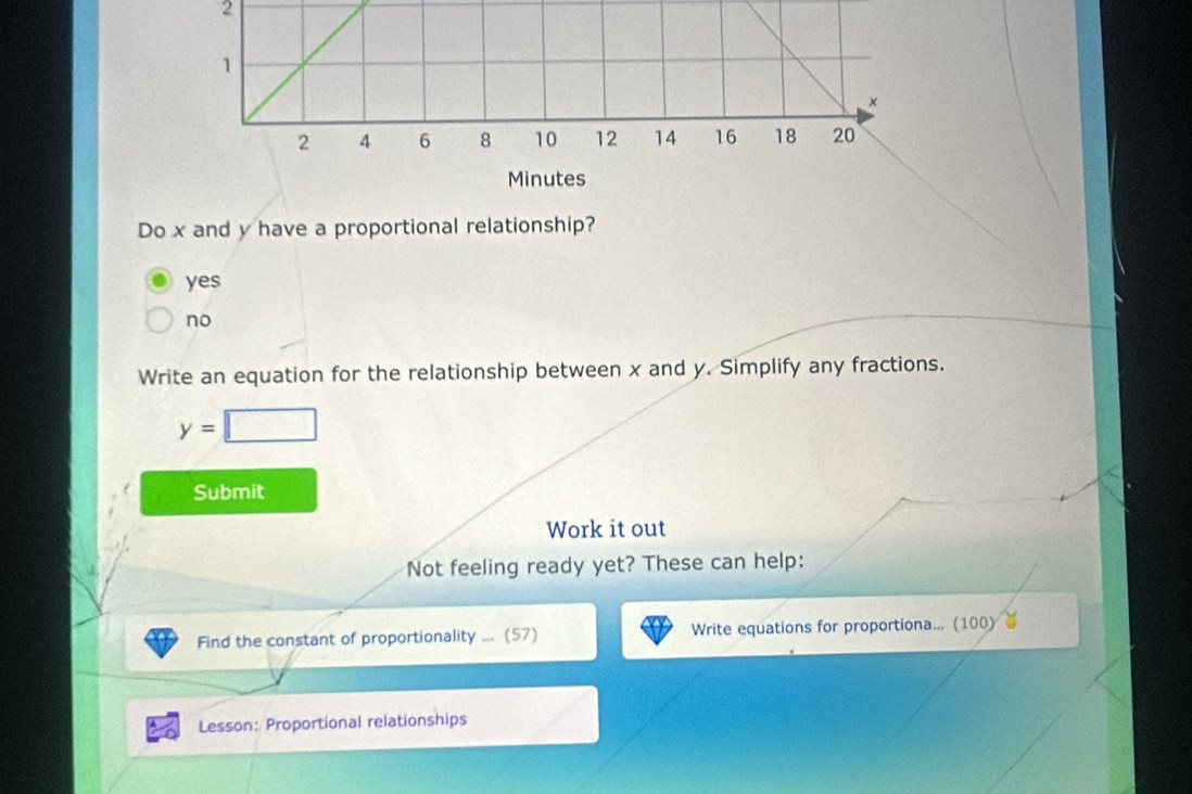 Do x and y have a proportional relationship?
yes
no
Write an equation for the relationship between x and y. Simplify any fractions.
y=
Submit
Work it out
Not feeling ready yet? These can help:
Find the constant of proportionality ... (57) Write equations for proportiona... (100)
Lesson: Proportional relationships