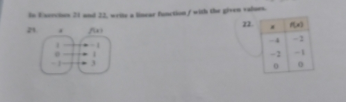 In Exercises 21 and 22, write a linear function / with the given values.
2 22.