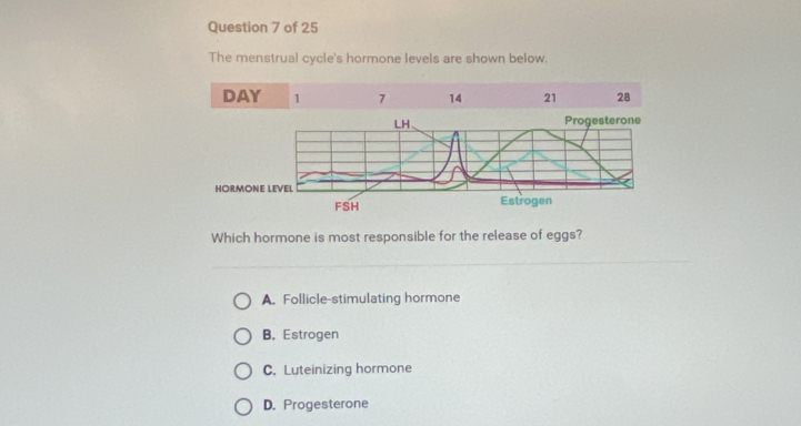 The menstrual cycle's hormone levels are shown below.
DAY 1 7 14 21 28
LH Progesterone
HORMONE LEVEL Estrogen
FSH
Which hormone is most responsible for the release of eggs?
A. Follicle-stimulating hormone
B. Estrogen
C. Luteinizing hormone
D. Progesterone