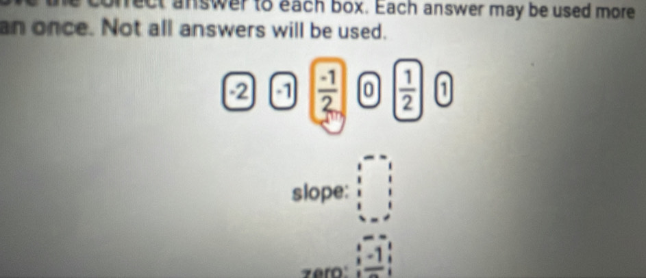 correct answer to each box. Each answer may be used more 
an once. Not all answers will be used.

-2 -1  (-1)/2  0  1/2  1
slope: beginarrayr □ &1 8&1 8 8&1 8&8endvmatrix
zero beginarrayr □   x/2 -1 hline endarray