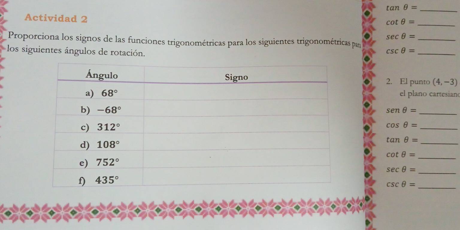 tan θ =
Actividad 2
_ cot θ =
_ sec θ =
Proporciona los signos de las funciones trigonométricas para los siguientes trigonométricas par
los siguientes ángulos de rotación.
_ csc θ =
(4,-3)
2. El punto
el plano cartesiand
sen θ = _
_ cos θ =
_ tan θ =
_ cot θ =
_ sec θ =
_ csc θ =