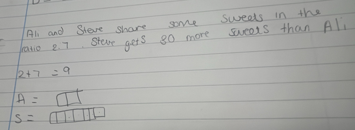 Ali and Steve share some sweets in the 
reatio 2. 7. Steve gets 80 more sweels than All
2+7=9
A=□
S=□ □ .□ □