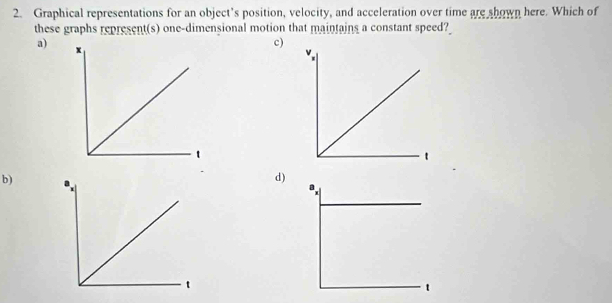 Graphical representations for an object’s position, velocity, and acceleration over time are shown here. Which of
these graphs represent(s) one-dimensional motion that maintains a constant speed?
a) x
c)
t
b)
d)
t