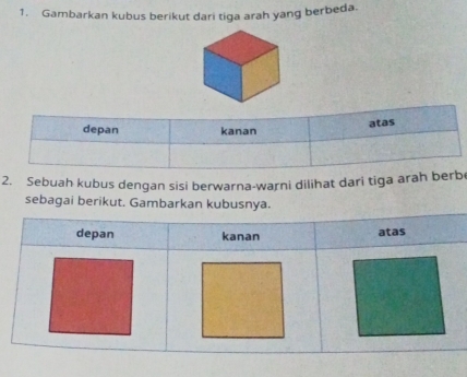 Gambarkan kubus berikut dari tiga arah yang berbeda. 
2. Sebuah kubus dengan sisi berwarna-warni dilihat dari tiga arah berb 
sebagai berikut. Gambarkan kubusnya.