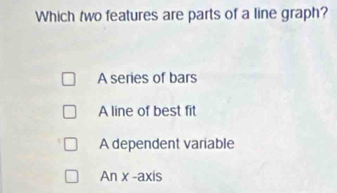 Which two features are parts of a line graph?
A series of bars
A line of best fit
A dependent variable
An x -axis