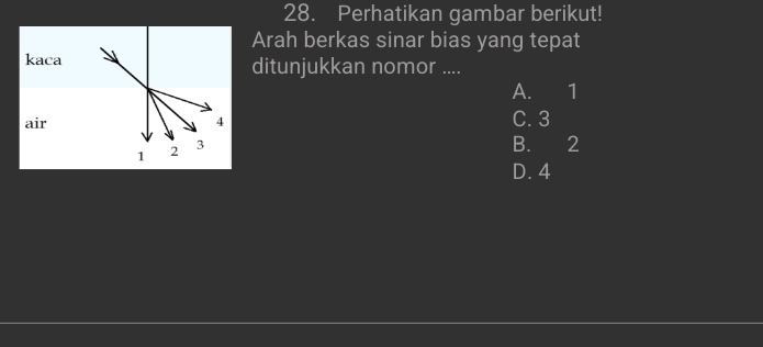 Perhatikan gambar berikut!
Arah berkas sinar bias yang tepat
ditunjukkan nomor ....
A. 1
C. 3
B. 2
D. 4