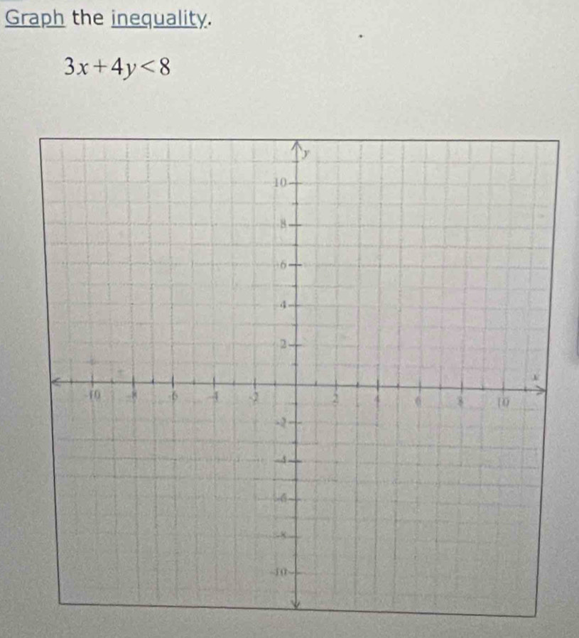 Graph the inequality.
3x+4y<8</tex>