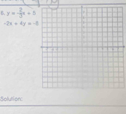 y=- 2/3 x+5
-2x+4y=-8
Solution: