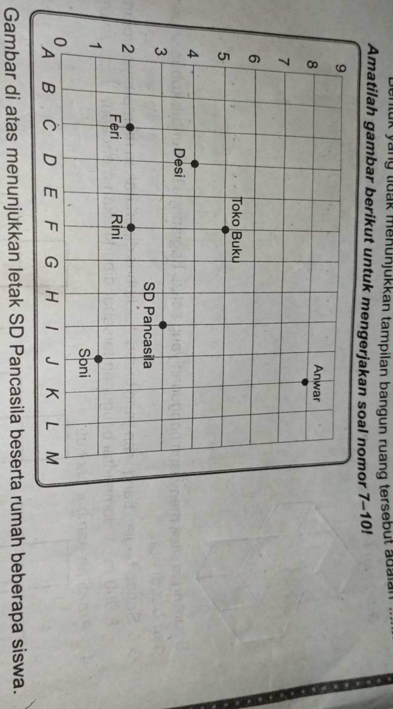 a ng ti d a k menunjukkan tampilan bangun ruang tersebut a d a i 
Amatilah gambar berikut untuk mengerjakan soal nomor 7-10! 
Gambar di atas menunjukkan letak SD Pancasila beserta rumah beberapa siswa.