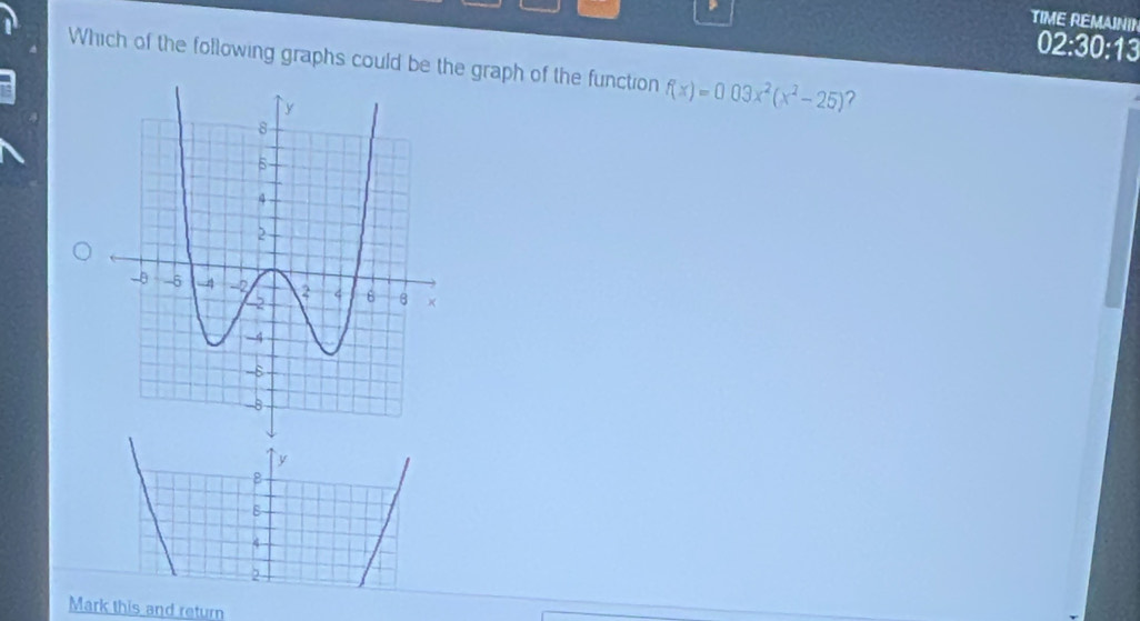 >
TIME REMAININ
02:30:13
Which of the following graphs could be the graph of the function f(x)=0.03x^2(x^2-25) ?
y
8
B
A
2
Mark this and return