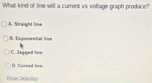 Solved: What kind of line will a current vs voltage graph produce? A ...