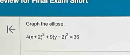 Graph the ellipse.
4(x+2)^2+9(y-2)^2=36
_