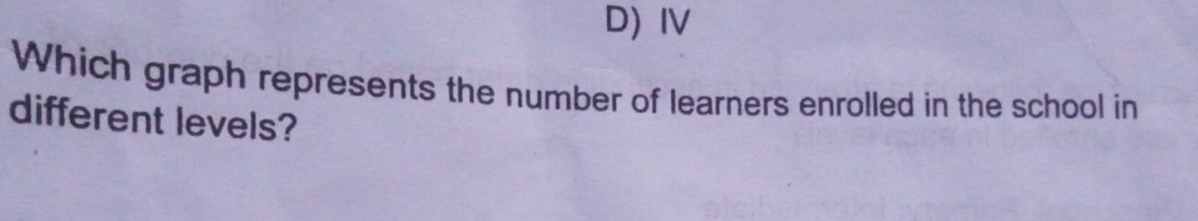 D) IV
Which graph represents the number of learners enrolled in the school in
different levels?