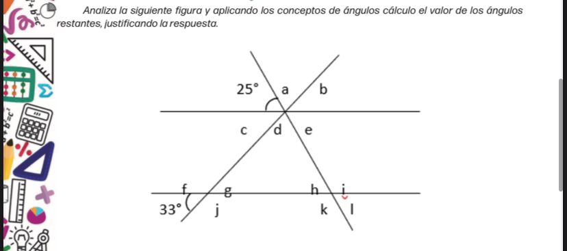 Analiza la siguiente figura y aplicando los conceptos de ángulos cálculo el valor de los ángulos
restantes, justificando la respuesta.
. ,