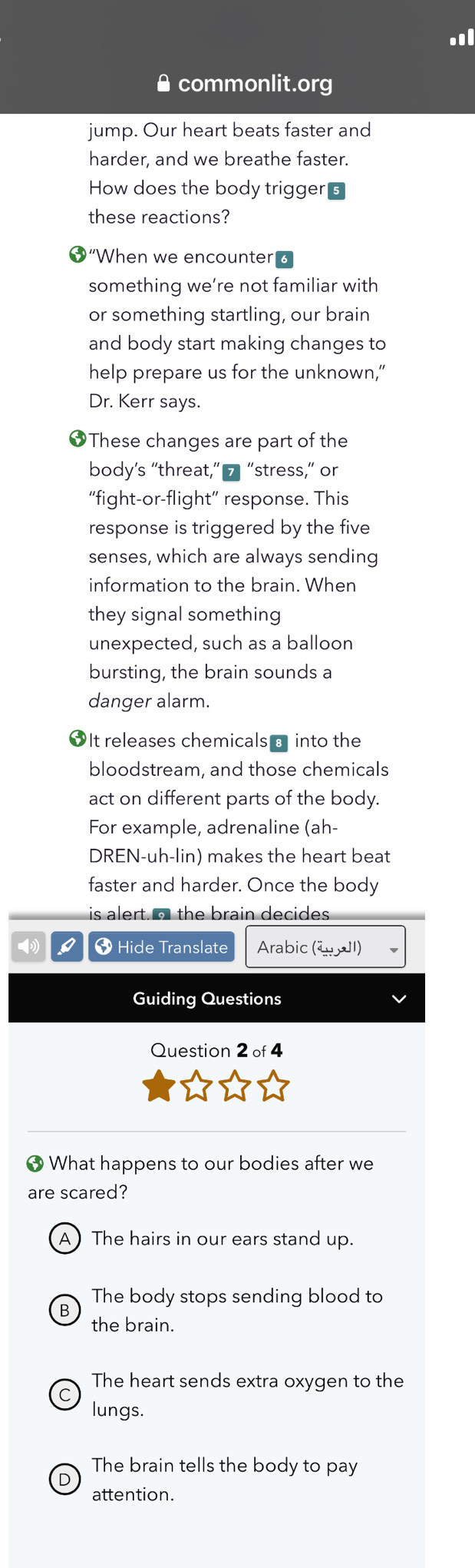 ..
commonlit.org
jump. Our heart beats faster and
harder, and we breathe faster.
How does the body trigger
these reactions?
*“When we encounter
something we’re not familiar with
or something startling, our brain
and body start making changes to
help prepare us for the unknown,”
Dr. Kerr says.
￥These changes are part of the
body’s “threat,” 7 “stress,” or
"fight-or-flight" response. This
response is triggered by the five
senses, which are always sending
information to the brain. When
they signal something 
unexpected, such as a balloon
bursting, the brain sounds a
danger alarm.
$It releases chemicals a into the
bloodstream, and those chemicals
act on different parts of the body.
For example, adrenaline (ah-
DREN-uh-lin) makes the heart beat
faster and harder. Once the body
is alert. o the brain decides
I * Hide Translate Arabic ( ∪ J)
Guiding Questions
Question 2of4 
$ What happens to our bodies after we
are scared?
AThe hairs in our ears stand up.
The body stops sending blood to
R
the brain.
The heart sends extra oxygen to the
C
lungs.
The brain tells the body to pay
D
attention.