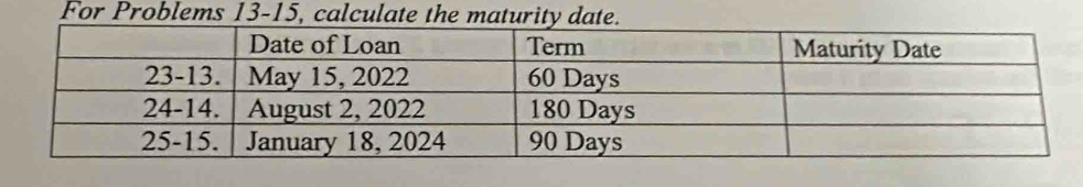 For Problems 13-15, calculate the maturity da