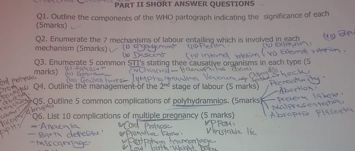 PART II SHORT ANSWER QUESTIONS 
Q1. Outline the components of the WHO partograph indicating the significance of each 
(5marks) 
Q2. Enumerate the 7 mechanisms of labour entailing which is involved in each 
mechanism (5marks) 
Q3. Enumerate 5 common STI's stating thee causative organisms in each type ( 
marks) 
Q4. Outline the management of the 2^(nd) stage of labour (5 marks) 
Q5. Outline 5 common complications of polyhydramnios. (5marks) 
Q6. List 10 complications of multiple pregnancy (5 marks)