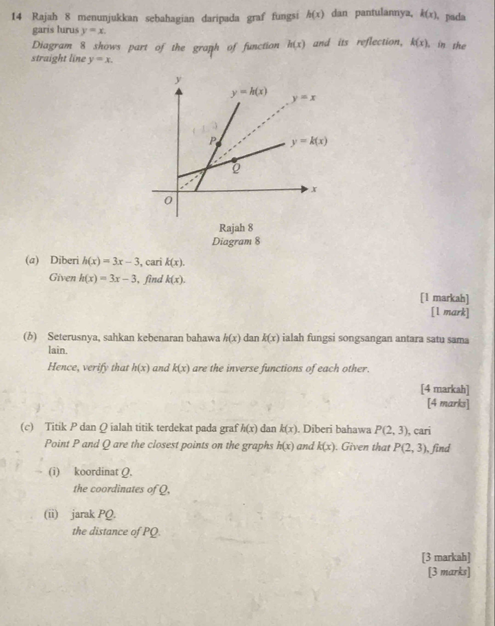 Rajah 8 menunjukkan sebahagian daripada graf fungsi h(x) dan pantulannya, k(x) pada
garis lurus y=x.
Diagram 8 shows part of the graph of function h(x) and its reflection, k(x) , in the
straight line y=x.
Rajah 8
Diagram 8
(a) Diberi h(x)=3x-3 , cari k(x).
Given h(x)=3x-3 , find k(x).
[1 markah]
[l mark]
(b) Seterusnya, sahkan kebenaran bahawa h(x) dan k(x) ialah fungsi songsangan antara satu sama
lain.
Hence, verify that h(x) and k(x) are the inverse functions of each other.
[4 markah]
[4 marks]
(c) Titik P dan Q ialah titik terdekat pada graf h(x) dan k(x). Diberi bahawa P(2,3) , cari
Point P and Q are the closest points on the graphs h(x) and k(x). Given that P(2,3) , find
(i) koordinat Q.
the coordinates of Q,
(ii) jarak PQ.
the distance of PQ.
[3 markah]
[3 marks]