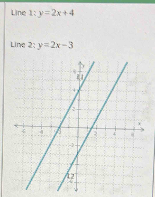 Line 1: y=2x+4
Line 2: y=2x-3