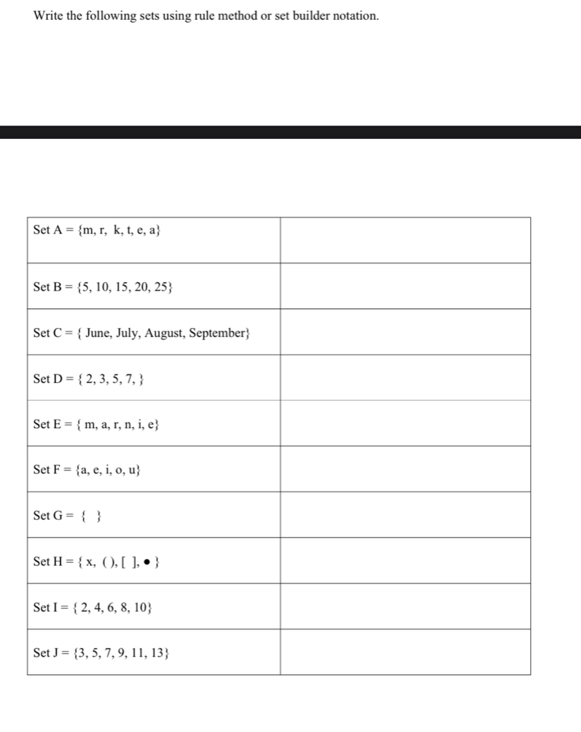 Write the following sets using rule method or set builder notation.