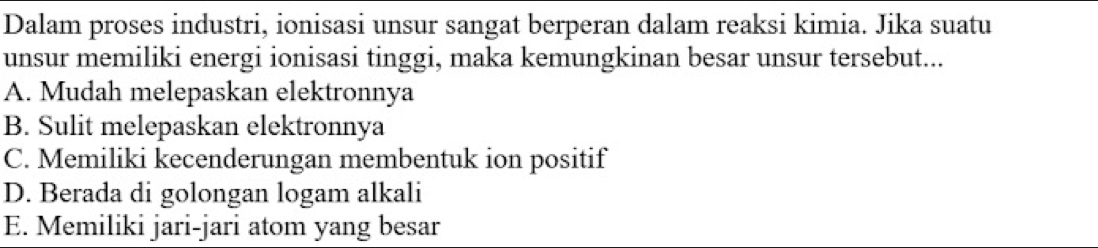 Dalam proses industri, ionisasi unsur sangat berperan dalam reaksi kimia. Jika suatu
unsur memiliki energi ionisasi tinggi, maka kemungkinan besar unsur tersebut...
A. Mudah melepaskan elektronnya
B. Sulit melepaskan elektronnya
C. Memiliki kecenderungan membentuk ion positif
D. Berada di golongan logam alkali
E. Memiliki jari-jari atom yang besar