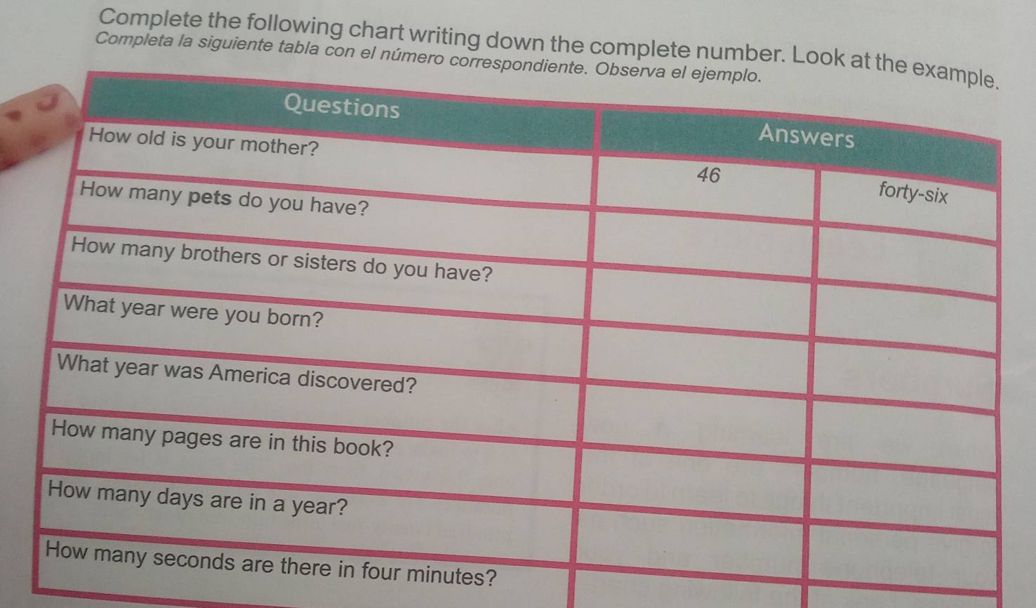 Complete the following chart writing down the complete number. 
Completa la siguiente tabla con el nú