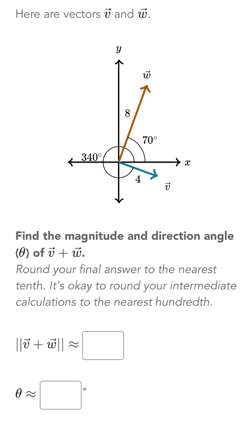 Here are vectors vector v and vector w.
Find the magnitude and direction angle
(θ) of vector v+vector w.
Round your final answer to the nearest
tenth. It's okay to round your intermediate
calculations to the nearest hundredth.
||vector v+vector w||approx □
θ approx □°