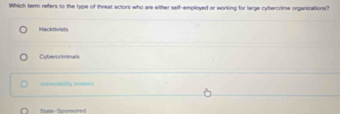 Which term refers to the type of threat actors who are either self-employed or working for large cybercrime organizations?
Hacktivists
Cybercriminals
Vutnenability brokers
State-Sponsored