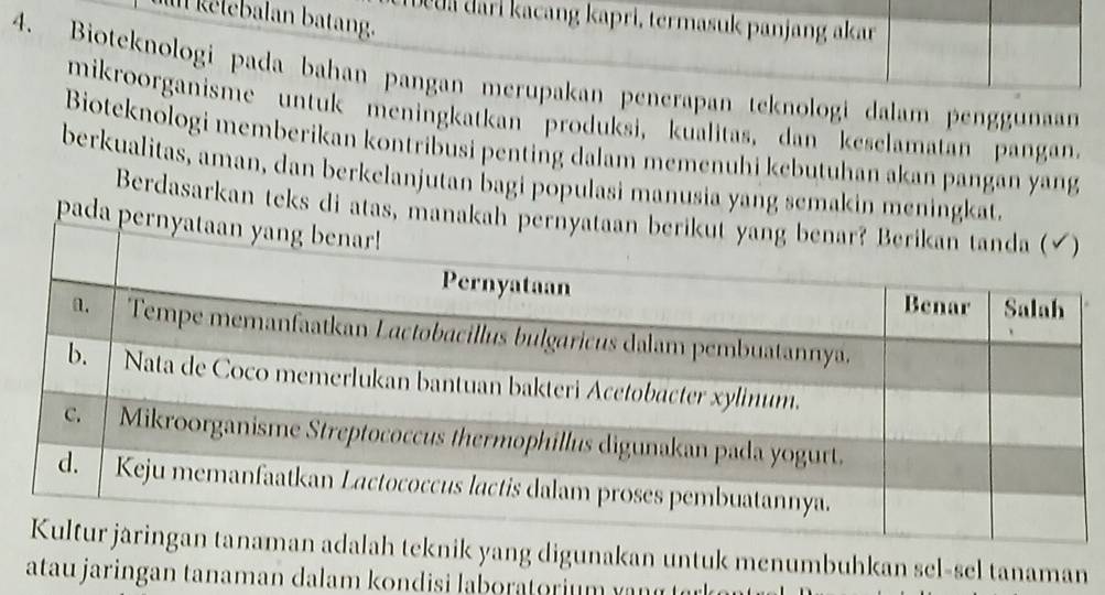 a kelebalan batang. 
wua dari kacang kapri, termasuk panjang akar 
4. Bioteknologi pada bahan pangan merupakan penerapan teknologi dalam penggunaan 
mikroorganisme untuk meningkatkan produksi, kualitas, dan keselamatan pangan. 
Bioteknologi memberikan kontribusi penting dalam memenuhi kebutuhan akan pangan yang 
berkualitas, aman, dan berkelanjutan bagi populasi manusia yang semakin meningkat. 
Berdasarkan teks di atas, manakah p 
pada per 
nik yang digunakan untuk menumbuhkan sel-sel tanaman 
atau jaringan tanaman dalam kondisi laboratorium yang terk