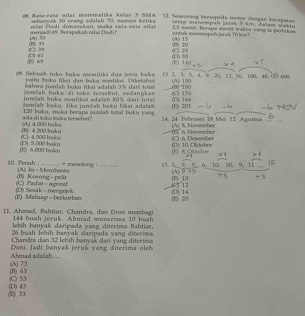 Rata-rata nilai matematika kelas 3 SMA 12. Seseorang bersepeda motor dengan kecepatan
sebanyak 30 orang adalah 70, namun ketika tetap menempuh jarak 5 km, dalam waktu
nilai Dodi dimasukan, maka rata-rata nilai 2,5 menit. Berapa menit waktu yang ia perlukan
menjadi 69. Berapakah nilai Dodi? untuk menempuh jarak 70 km?
(A) 30 (A) 15
(B) 31 (B) 20
(C) 39 (C) 25
(D) 61 (D) 35
(E) 69 (E) 140
09. Sebuah toko buku memiliki dua jenis buku 13. 2, 3, 5, 4, 9, 20, 12, 36, 100， 48,   600
yaitu buku fiksi dan buku nonfiksi. Diketahui (A) 190
bahwa jumlah buku fiksi adalah 3% dari total (B) 180
jumlah buku di toko tersebut, sedangkan (C) 176
jumlah buku nonfiksi adalah 80% dari total (D) 166
jumlah buku. Jika jumlah buku fiksi adalah (E) 201
120 buku, maka berapa jumlah total buku yang
ada di toko buku tersebut? 14. 24 Februari 18 Mei 12 Agustus
(A) 4.000 buku (A) 8, November
(B) 4.200 buku
(C) 4.500 buku (B) 6, November
(D) 5.000 buku (C) 6, Desember
(D) 10, Oktober
(E) 6.000 buku
(E) 8, Oktober
10. Penuh : _= menolong : _15. 3 9 6， 10, 10, 9, 11
(A) Isi - Membantu (A) 9
(B) Kosong - pelit
(C) Padat - agresif (B) 10 (C) 12
(D) Sesak - mengejek (D) 14
(E) Meluap - berkorban (E) 20
11. Ahmad, Bahtiar, Chandra, dan Doni membagi
144 buah jeruk. Ahmad menerima 10 buah
lebih banyak daripada yang diterima Bahtiar,
26 buah lebih banyak daripada yang diterima
Chandra dan 32 lebih banyak dari yang diterima
Doni. Jadi banyak jeruk yang diterima oleh
Ahmad adalah
. .
(A) 73
(B) 63
(C) 53
(D) 43
(E) 33