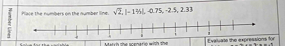 Place the numbers on the number line. sqrt(2), |-1 2/3 |, -0.75, -2.5, 2.33
Solve for the variable Match the scenario with the Evaluate the expressions for
2· r=3· c=-1