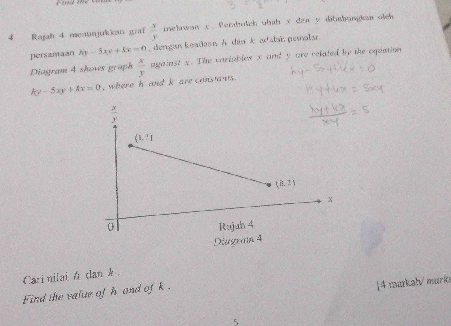 Find the văn
4 Rajah 4 menunjukkan graf  x/y  melawan x. Pemboleh ubah x dan y dihubungkan oleh
persamaan hy-5xy+kx=0 , dengan keadaan ½ dan k adalah pemalar.
Diagram 4 shows graph  x/y  against x. The variables x and y are related by the equation
hy-5xy+kx=0 , where h and k are constants.
Diagram 4
Cari nilai h dan k .
Find the value of h and ofk .
[4 markah/ marks
5