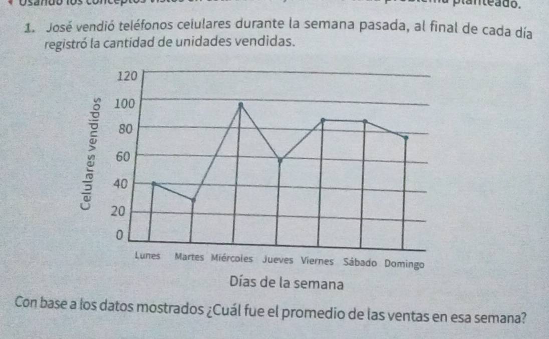 an te a do . 
1. José vendió teléfonos celulares durante la semana pasada, al final de cada día 
registró la cantidad de unidades vendidas. 
: 
Días de la semana 
Con base a los datos mostrados ¿Cuál fue el promedio de las ventas en esa semana?