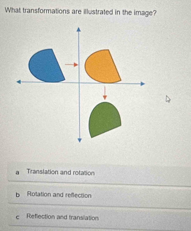 What transformations are illustrated in the image?
Translation and rotation
b Rotation and reflection
c Reflection and translation