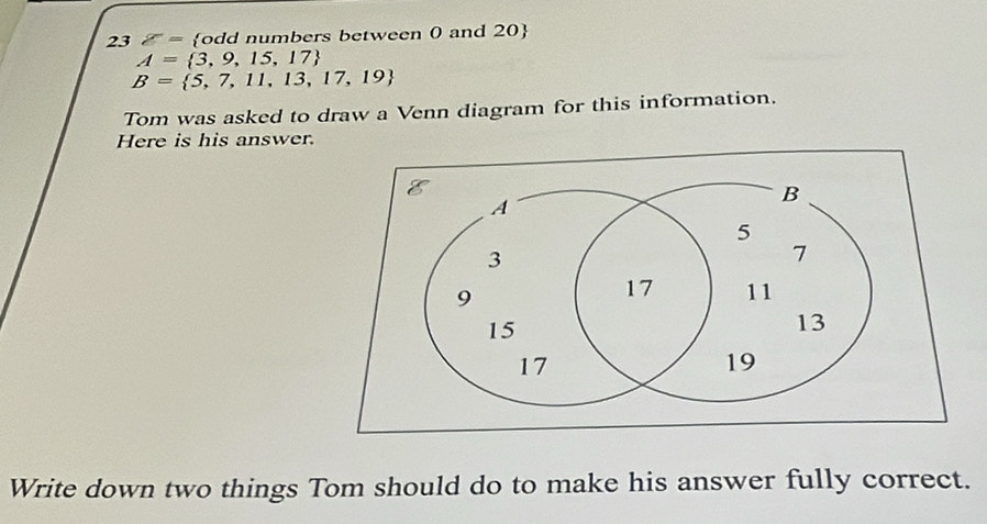 23 g= odd numbers between 0 and 20 
A= 3,9,15,17
B= 5,7,11,13,17,19
Tom was asked to draw a Venn diagram for this information. 
Here is his answer. 
Write down two things Tom should do to make his answer fully correct.